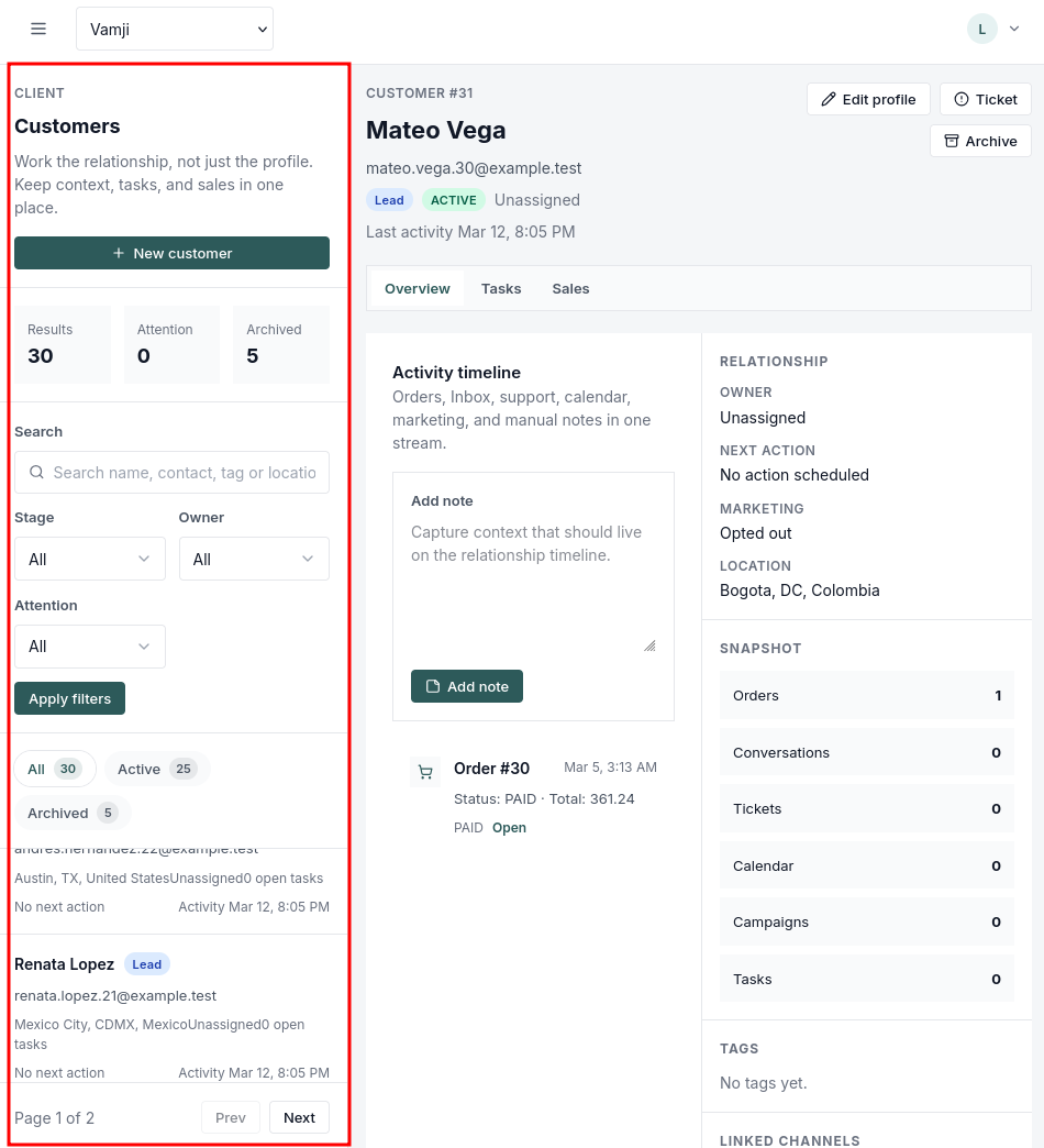 Tugni customer record showing timeline, profile context, and linked commercial details.