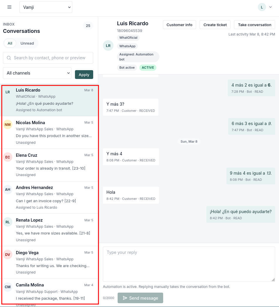 Tugni inbox showing an automated conversation running inside the sales workspace.
