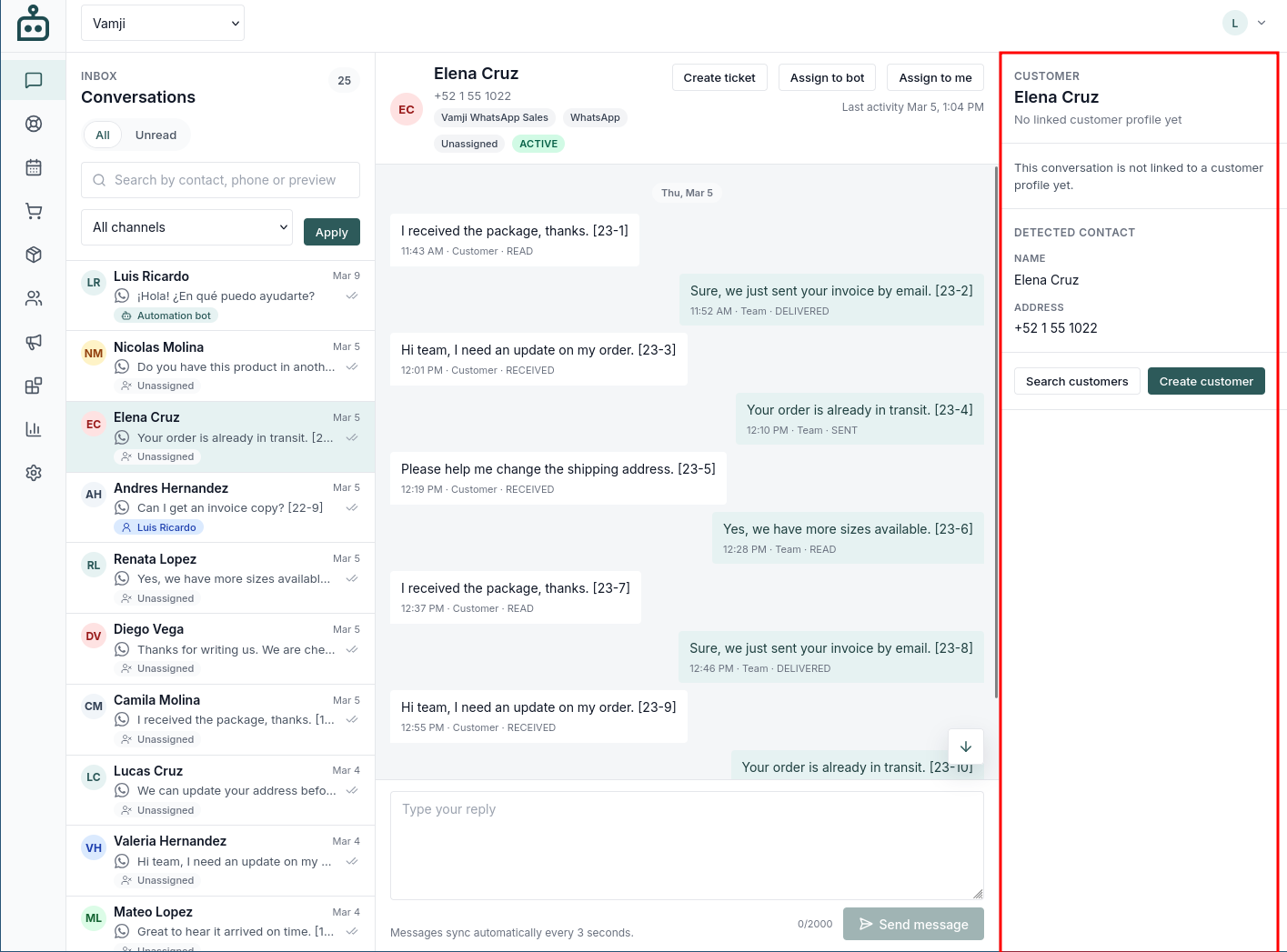 Tugni conversation view with thread and customer context visible in the same workspace.
